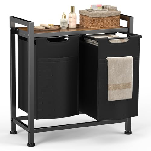 Sweetcrispy Wäschekorb 2 Fächer, 92 L, Schwarz | mit Ablage, abnehmbarer Wäschesammler, Wäscheschrank für Waschküche/Bad