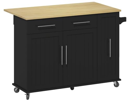 GQTYBZ Schwarz Kücheninsel mit Klappbare Tischplatte und Stauraum, Rollwagen Küche mit Handtuchhalter und 2 Schubladen, Küchenwagen＆Küchen-Esswagen für Wohnzimmer Esszimmer
