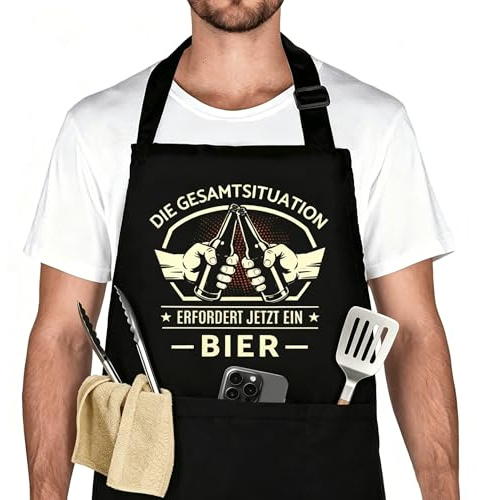 Belillpipi Kochschürze Männer Damen Schwarz, Verstellbare Kochschürze Damen mit 3 Taschen, Grillschürze Geschenke Schürze für Frauen Mann Geburtstag, Muttertag, Vatertag, Weihnachten
