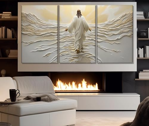 Lianyibo Abstrakt Jesus går på vattnet målning tryckt på duk, religiös väggkonst, Jesus Kristus målning, heminredning (40x60cmx3/Ramlös)
