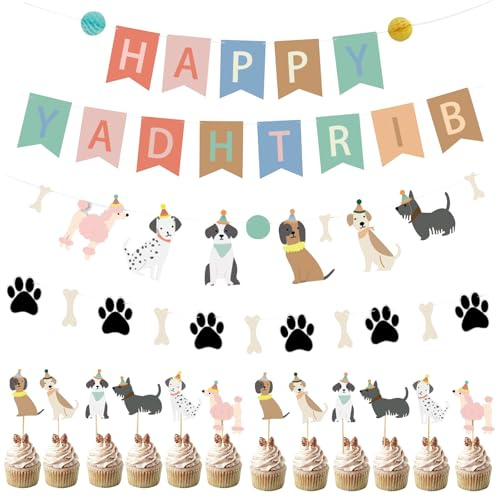FOSDICK Decorazioni Compleanno Cane Set, 15 Pezzi Cane Happy Birthday Decorazioni, Festone Buon Compleanno, Cuccioli Festone, Zampe e Ossa di Cani Striscione, Cake Topper Cani Addobbi per Feste a Tema