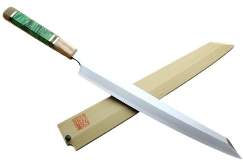 Yoshihiro Gintsuru Ginsan Stainless Steel Yanagi Kiritsuke Sushi Sashimi Japanese Knife with Stabilized Maple Burl Handle (11.8 (300mm) & Saya)
