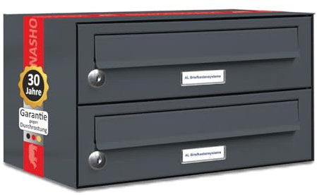 AL Briefkastensysteme 2er Briefkastenanlage Anthrazit Grau RAL 7016, Premium Doppel-Briefkasten DIN A4, 2 Fach Postkasten modern Aufputz