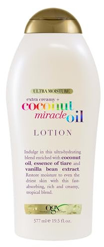 OGX Extra Creamy + Coconut Miracle Oil Ultra Moisture Body Lotion with Vanilla Bean, Fast-Absorbing Body Lotion for All Skin Types, Paraben-Free and Sulfated-Surfactants Free, 19.5 Ounce