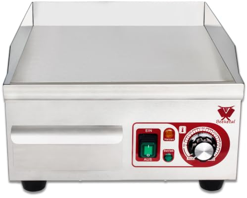 Beeketal Elektro Gastro Grillplatte BHGP-1 – 2000 Watt, Glatte Grillfläche aus A3 Carbonstahl (380 x 355 mm), Edelstahlgehäuse, Thermostat 50–300°C, Fettauffangbehälter