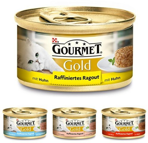 Purina Gourmet Gold Raffiniertes Ragout Mixpaket Katzennassfutter, Huhn, Thunfisch, Lachs und Rind, 48er Pack (4 x 12 x 85 g Dose)
