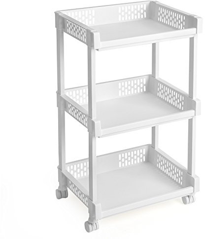 SONGMICS Rollwagen aus Kunststoff Allzweckwagen mit Rollen für Küche Büro Bad Weiß mit 3 Etagen 61 cm hoch KSC03WT