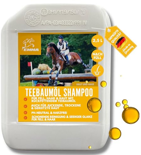EMMA Teebaum Shampoo Pferdeshampoo für Pferde Hund mit Tea Tree Oil 2,5l Anti Schuppen Shampoo pH-Neutral I Pflege glänzendes Haar I Hundeshampoo mit Teebaumöl gegen Juckreiz für gereitzte Haut Fell