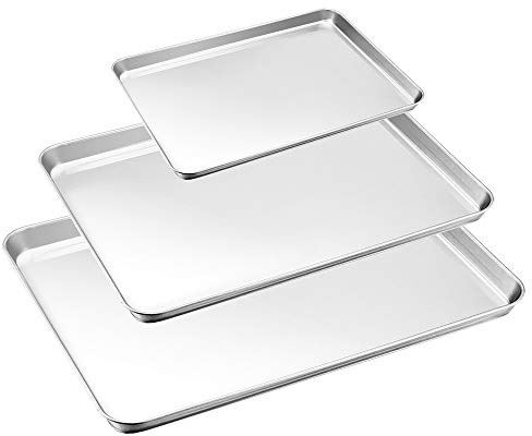 HaWare Baking Tray Set of 3, 18/0 Stainless Steel Baking Pans, Toaster Oven Tray, Cookie Sheet, Non Toxic & Healthy, Mirror Finish & Less Stick, Easy Clean & Dishwasher Safe - (3 Different Sizes)