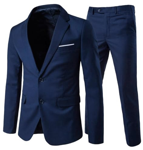 Allthemen Mens Suits 2 Piece Slim Fit Wedding Dress Suit Two Buttons Business Suit Blazer Casual Jackets Trousers Navy XL
