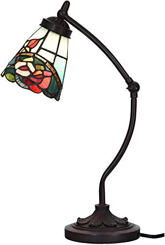 Bieye L30759 Lámpara de escritorio con brazo basculante estilo Tiffany de flores rosas con pantalla de 5 pulgadas de ancho para mesa de lectura de trabajo, verde rojo, 19 pulgadas de alto