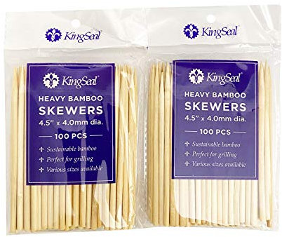 KingSeal Renewable Bamboo Heavy Duty Skewers, Sticks, 4.5 Inches x 3.8 mm Diameter, Retail Pack - 2 Bags of 100 Skewers (200 Count)