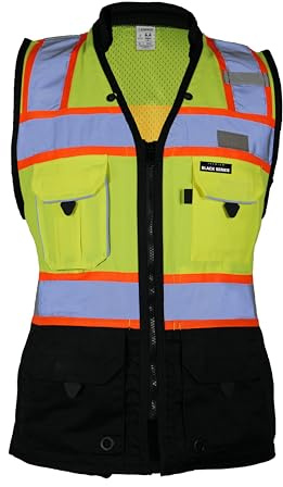 Kishigo Women's High Visibility Reflective Premium Black Series Heavy Duty Surveyors Vest S5021, Zipper Closure, Polyester, ANSI 107 Type R / Class 2, Multiple Pockets for Tools (Lime/Black, XL)