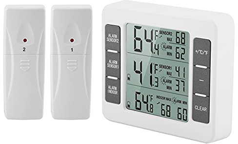 VIFERR Fridge Thermometer, Digital Refrigerator Thermometer with Audible Alarm and 2 Wireless Sensors, Indoor Outdoor Freezer Temperature Monitor for Home, Office, Restaurant, White