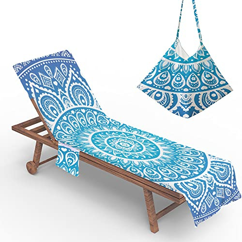 Morbuy Beach Chair Cover Towel, Mandala Beach Towel Lounger Bags with Pockets Sunbed Towels Fitted Microfiber Sun Lounger Towels for Summer Outdoor Garden Pool Vacation (gradient blue,75x210cm)