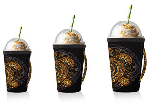 Golden Tribal Turtle - Manicotto riutilizzabile per tazza di caffè ghiacciato Boemia, con manico in neoprene, per tazze da caffè e latte (453,6 g)