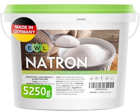 EWL Natron Pulver 5,25kg | Baking Soda | Lebensmittelqualität | Eimer | Deutsche Herstellung & Abfüllung | Wiederverschließbarer & recyclebarer Behälter | Hochrein | Backpulver-Ersatz & Allrounder