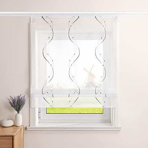 CORLIF Raffrollo Landhaus Raffgardine Küche Modern Bändchenrollo Leinenoptik mit Wellenmuster Transparente Rollos Kurz Fenster Schal mit Klettband B/H 100/140 cm Grau