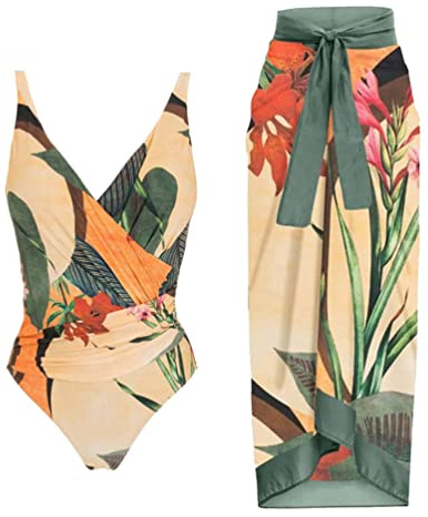 Minetom Femme Vintage Maillots de Plage Maillot De Bain Cache-Maillots Sarong Paréo Ensemble de 2 Pièces Imprimé Swimsuit Swimwear J Vert L
