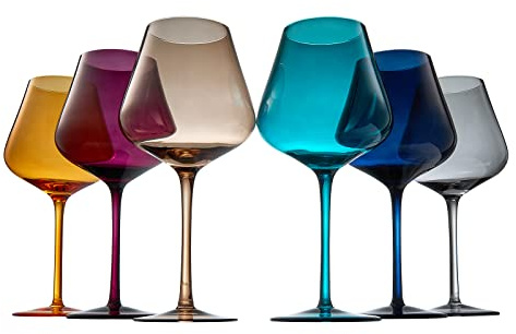 Jewel Colored Crystal Wine Glass Set of 6, Gift For Mothers, Her, Wife, Friend - Winter & Fall Colors 20 oz Glasses, Italian Style Tall Drinkware Red & White, Dinner, Color Beautiful Glassware