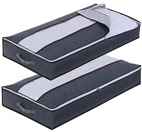 Jsleid 2 Pcs Almacenamiento Bajo la Cama, Cajas Almacenaje Ropa, 90L de Gran Capacidad, Bolsa de Almacenamiento, Plegable con Ventana Transparente y Asa Reforzada para Ropa, Mantas y Edredones