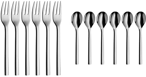 WMF Nuova Kuchengabel Set 6-teilig, 16 cm, Cromargan Edelstahl poliert, glänzend & Nuova Tee-/ Kaffeelöffel Set 6-teilig, 13,5 cm, Cromargan Edelstahl poliert, glänzend, spülmaschinengeeignet