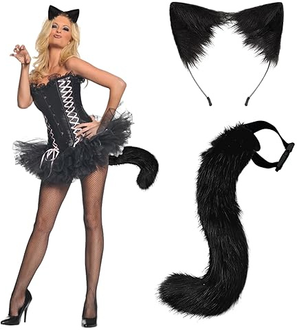 Huahuanghui Fuchs Wolf Katze Ohren Schwanz,Halloween Cosplay Kostüm Zubehör Katzenohren und Katzenschwanz Set,Kunstpelz Plüsch Ohren Schwanz Cosplay,Damen Halloween Karneval