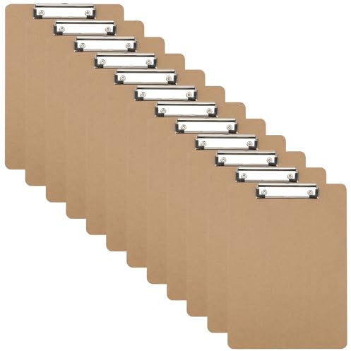 DAKFOOK 12 Stück A6 Holz-Klemmbrett, 18,5 x 12 cm, Hartfaser-Klemmbretter, Klemmbretter mit Aufhängeloch und niedrigem Profil-Metallclip, braunes Klemmbrett für Restaurant-Menü, Bürobedarf