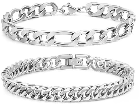 Aospkle Männerschmuck Edelstahl Kette Geschenk für Männer, 2PCS kubanischer Link Figaro Armband, Silber Robuste 316L Edelstahl kubanische Link Kette für Männer Schmuck Set, 21 cm