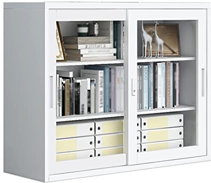 Aktenschrank Metallschränke, großer abschließbarer Stahlschrank mit transparenter Glasschiebetür, Büroschrank for Zuhause, Büro, Garage, Klassenzimmer, mattgrau Büroschrank