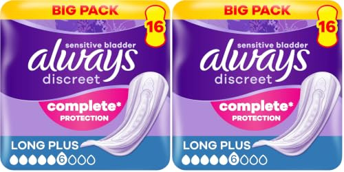 Always Discreet Incontinence Pads, Long, Plus, 16 Towels, Bigger Pack, Odour Neutraliser, for Sensitive Bladder (Pack of 2)