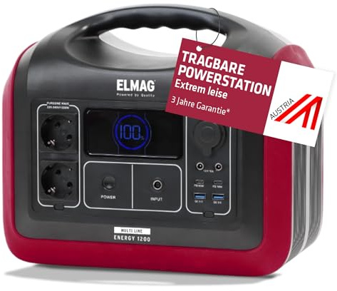ELMAG Tragbare Powerstation Energy 1200 992Wh Solargenerator mit LiFePO4 Akku Mobiler Stromspeicher mit 230V/1200W (Spitze 3600W), 230V AC/12V KFZ/USB Ideal für Reisen, Camping & Notstrom