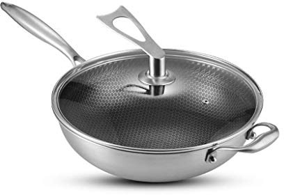 OQHAIR Wok para inducción Wok de acero inoxidable 304 Sartén antiadherente Sin recubrimiento Olla de humos sin aceite Cocina de inducción cóncava Estufas de gas Wok de 32 cm