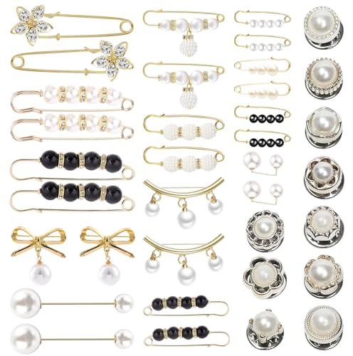 YOGEYOGE 36 broches de perlas, para mujer, a la moda, hiyab, bufanda, alfileres de seguridad para vestido, clip de babero, broches de perlas de imitación con diamantes de imitación, pines adecuados