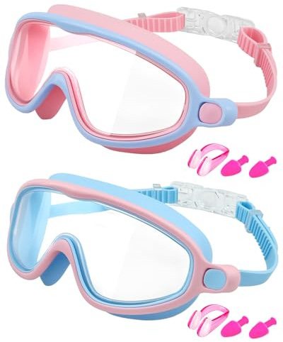 Rantizon Kids Swim Goggles 2 Pack, Wide View Swimming Goggles for Child 3-15, Anti Fog&UV No Leaking Goggles for Boys Girls