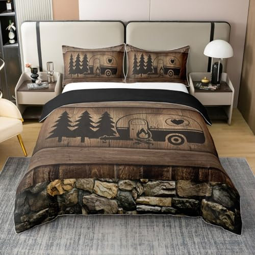 100% Bio Baumwolle Camping Bettbezug für Schlafzimmer Dekor,Rv Reise Bettdecke Abdeckung,Rustikale Bauernhaus Bettbezug 200x200,Vintage Lodge Bettwäsche Set,Retro Holzplanken Tröster Abdeckung