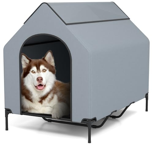 GOPLUS 91 cm/110 cm/132 cm Casa Elevada para Perros, 2 en 1 Refugio para Perro Pequeños, Impermeable con Ventanas Ventiladas, Cama con Tela de Malla, Refugio para Perros (L)