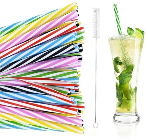 50Stk Bunte Plastik Strohhalme mit Strohhalmbürste, Hart Plastik Strohhalme Wiederverwendbar Kunststoff Trinkhalme Cocktail Smoothies Saft Heißgetränk Röhrchen, Spülmaschinengeeignet (19.5cmx7.3mm)
