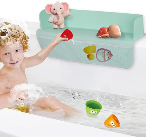 Badewanne Spritzschutz mit Badewannenspielzeug Aufbewahrungstasche, Silikon Kinder Spielzeug Badewannenablage, Saugnäpfe Organizer Badezimmertablett, Badewannenbrett mit Badespielzeug Aufbewahrung (A)