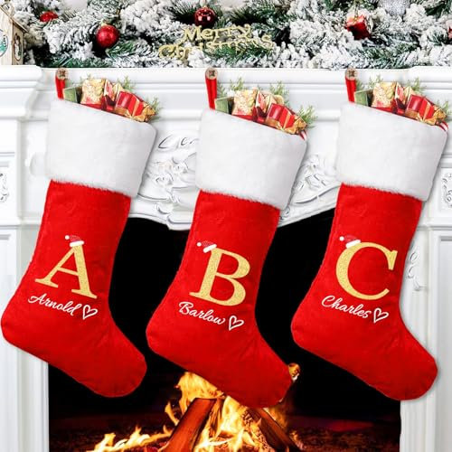 MJARTORIA Weihnachtsstrumpf Personalisiert Nikolausstrumpf mit Namen Buchstaben, Christmas Stockings Groß Nikolausstiefel zum Befüllen, Weihnachtssocken zum Aufhängen Kamin