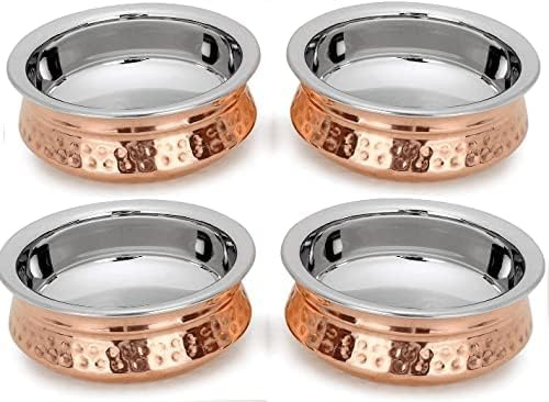 Royal Kurta Copper Tableware Serving Bowl Indian Serve Ware Handi Set Tureen Copper Stainless Steel Serving Dishes Set of 4 (5 inch)