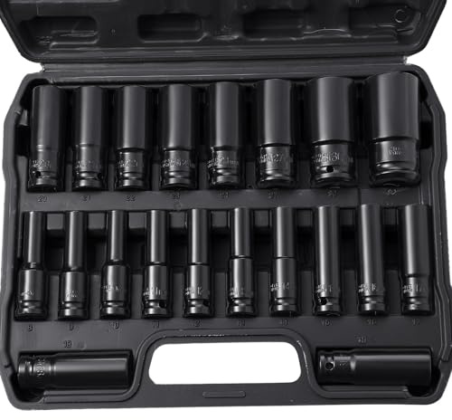 Takezuaa 20PCS Impact Socket Set 1/2 Inch, Drive Master Deep Impact Socket Set 8mm - 32mm, Impact Driver Hex Bit Sockets, Car Large Torque Wrench for Drill, Ratchet, Heavy Duty Spanner Tool