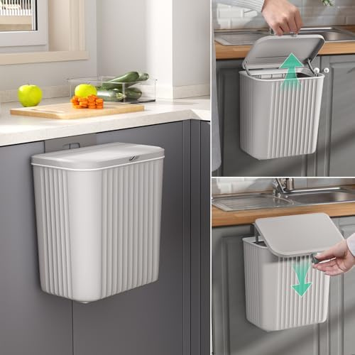 Warmiehomy 9L Kitchen Bin Hanging Trash Can with Lid,Grey | Wall-mounted Waste Bin, for Kitchen Cabinet Door Under Sink, Compost Bins with Sliding Cover for Cupboard, Bathroom
