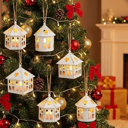 TRIROCKS 6 mini lanterne con candela LED tremolante, alte 10 cm, piccole lanterne con batteria, lanterne da giardino per Natale, matrimoni, feste, decorazione da tavolo (crema e oro)