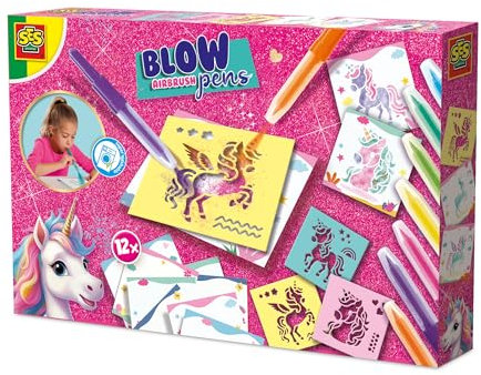 SES Creative 14725 Unicorn - Bolígrafos de aerógrafo - Kit de manualidades creativo para niños a partir de 5 años - Decora 12 páginas impresas de unicornio para colorear con 7 marcadores brillantes de