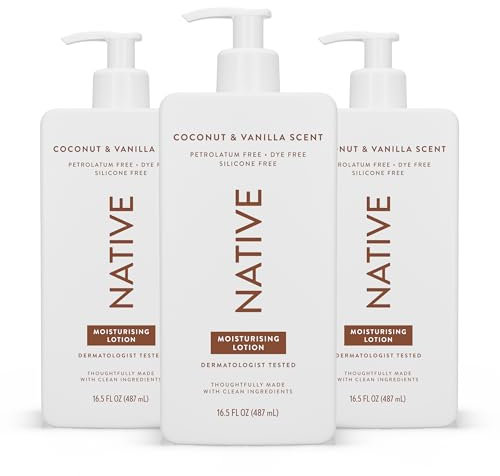 Native Body Lotion - Uomo e Donna Senza Siliconi e Coloranti - Cocco e Vaniglia - Lozione Idratante Mani e Corpo con Burro di Karité e Glicerina, Ideale per Pelli Secche (3 Pack, 487 ml)