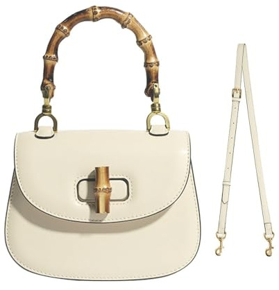 Women Genuine Leather Tote Handbags，Bamboo Top Handle Satchel Crossbody Bag with Adjustable Shoulder Strap，Handmade Shoulder Bags for Gift(Off white)