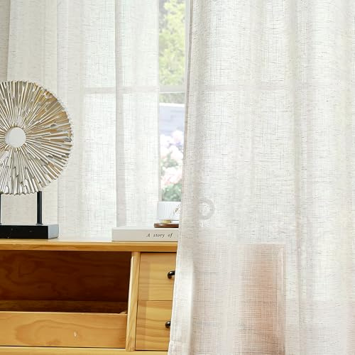 KGORGE Kurze Vorhänge Leinen Halbtransparent Gardinen mit Kräuselband | Elfenbein,H160 x B140 cm,2er Set,Boho Gardinen Leinenoptik Schlafzimmer/Küche,Leinenvorhang Schienensystem,Linen Curtains