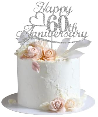 GlamRays 60th Anniversary Cake Toppers Silver Glitter, 60th Wedding Anniversary Party Decoration Ideas, Premium Quality, Durable Double-Sided Glitter