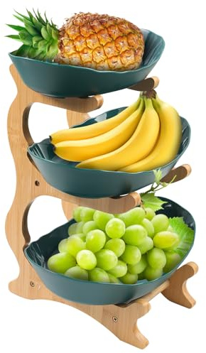 Gemsaya Obst Etagere mit 3 Etagen, Kunstsoff Obstschale mit Bambusständer | Stabil & Ohne zu Zittern, Grün Servierständer für Buffet, Gemüse, Obst, Desserts, Snacks, 28 x 19 x 35 cm